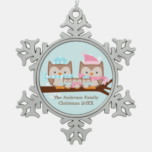 Ornement Flocon De Neige Chouette d'hiver famille de cinq