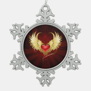 Ornement Flocon De Neige Coeur rouge avec ailes d'or