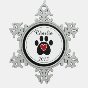 Ornement Flocon De Neige Coeur rouge et Empreinte de patte