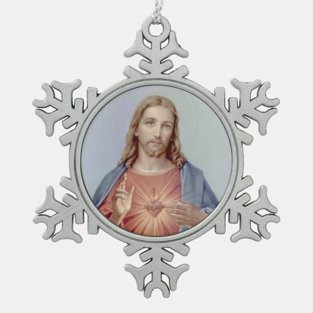 Ornement Flocon De Neige Coeur sacré de cru de Jésus (Devant)