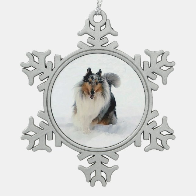 Ornement Flocon De Neige Collie Courant À Travers La Neige (Devant)