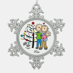 Ornement Flocon De Neige Couple avec bébé fille et chat Snowflake Ornament