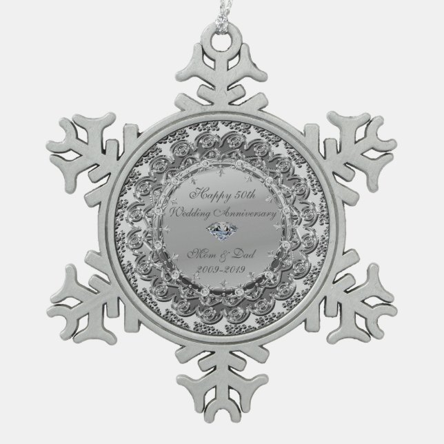 Ornement Flocon De Neige Diamant floral d'argent 50e anniversaire Mariage (Devant)