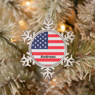 Ornement Flocon De Neige Drapeau Américain Personnalisé Étoiles Patriotique