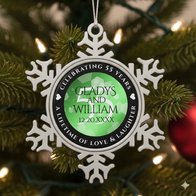 Ornement Flocon De Neige Élégant 55e anniversaire de Mariage d'émeraude (55th Emerald Wedding Anniversary Snowflake Pewter Ornament Cover Photo)
