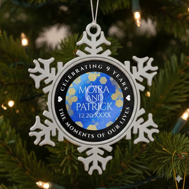 Ornement Flocon De Neige Élégant 9e anniversaire Mariage Lapis Lazuli (9th Lapis Lazuli Wedding Anniversary Snowflake Pewter Ornament Cover Photo)