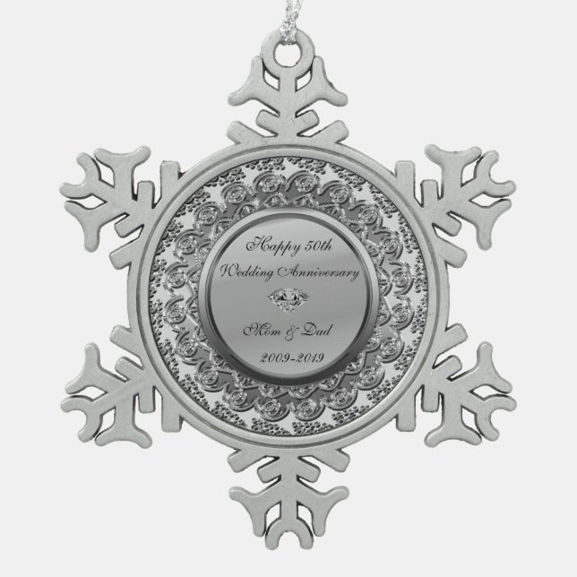 Ornement Flocon De Neige Élégant Diamants d'argent 50e anniversaire Mariage (Devant)
