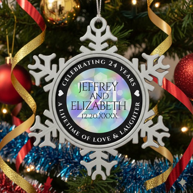 Ornement Flocon De Neige Élégante 24e anniversaire du Mariage Opal (24th Opal Wedding Anniversary Snowflake Pewter Ornament Cover Photo)