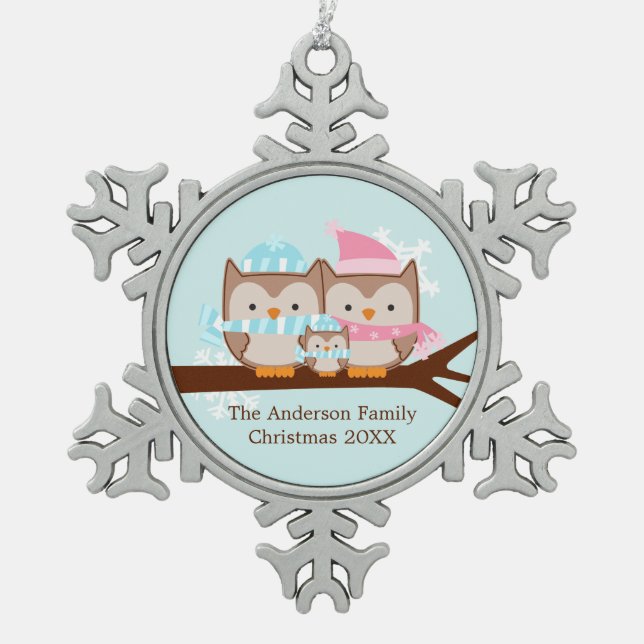 Ornement Flocon De Neige Famille de Chouettes d'hiver (Devant)