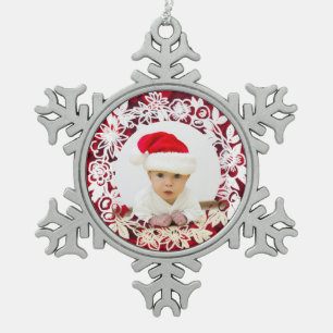 Ornement Flocon De Neige Fantaisie blanche sur rouge avec photo