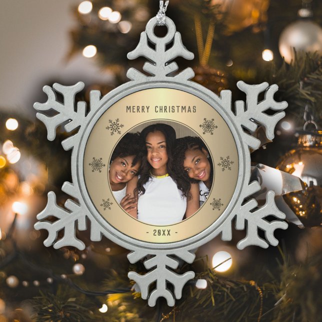Ornement Flocon De Neige Festive Golden Snowflake Metallic Family Photo (Créateur téléchargé)
