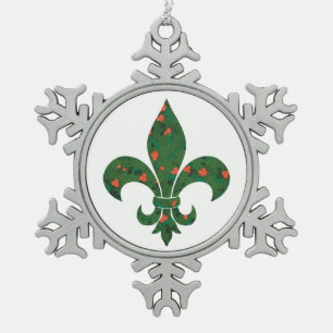 Ornement Flocon De Neige Fleur de Lis avec Holly et Berries sur