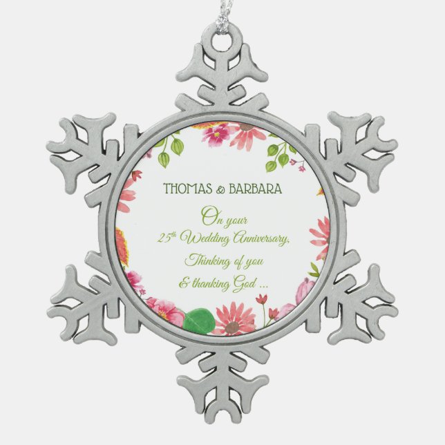 Ornement Flocon De Neige Fleurs religieuses du 25e anniversaire du Mariage (Devant)