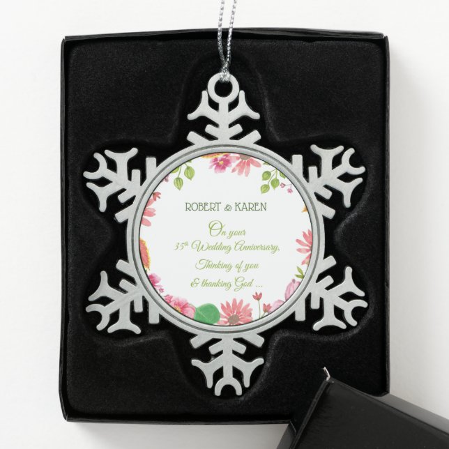 Ornement Flocon De Neige Fleurs religieuses du 35e anniversaire du Mariage (Boîte)