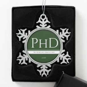 Ornement Flocon De Neige Graduation Vert Blanc Nom Année PhD