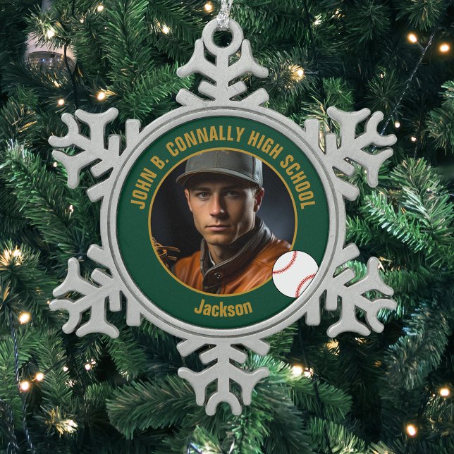 Ornement Flocon De Neige Green Gold Baseball Player Photo High School (Créateur téléchargé)