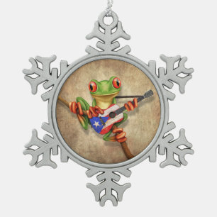 Ornement Flocon De Neige Grenouille d'arbre jouant la guitare de drapeau de