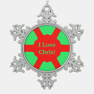 Ornement Flocon De Neige I Love (Nom) Chris! Vert rouge