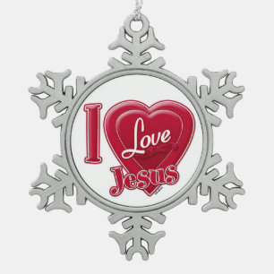 Ornement Flocon De Neige J'aime Jésus Coeur Rouge
