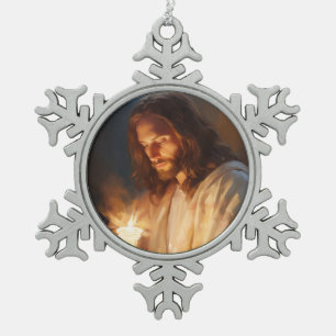 Ornement Flocon De Neige Jésus tenant l'ornement des bougies