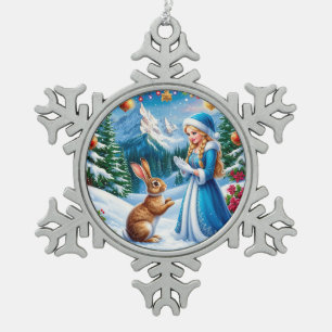 Ornement Flocon De Neige Jeune fille de neige dans une scène de forêt hiver