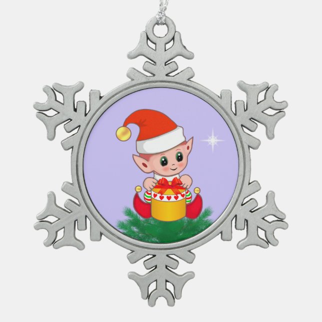 Ornement Flocon De Neige Joli elfe de Noël sur perwinkle bleu (Devant)