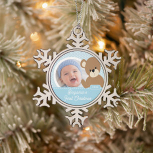 Ornement Flocon De Neige Jolie photo de Noël de bébé ours pour son premier