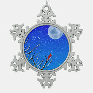 Ornement Flocon De Neige Jour d'hiver enneigé, cardinal rouge vif, lune mo
