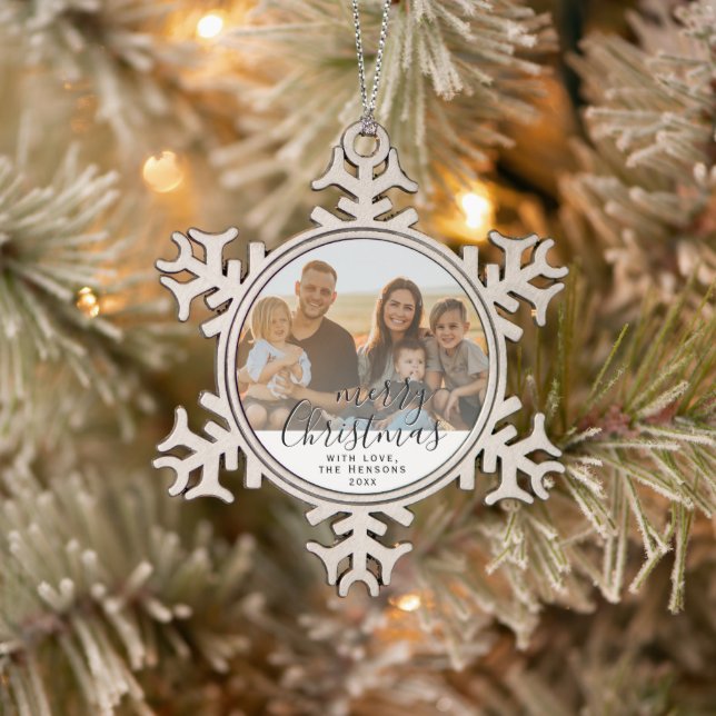 Ornement Flocon De Neige Joyeux Noël Script Famille Photo Céramique (Arbre)