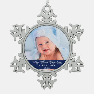 Ornement Flocon De Neige Ma première photo de bébé de Noël bleue