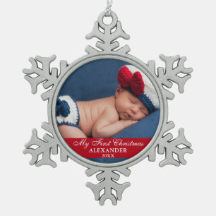 Ornement Flocon De Neige Ma première photo de bébé de Noël Rouge