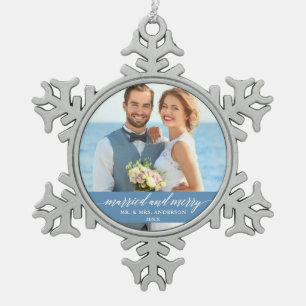 Ornement Flocon De Neige Marié et joyeux Mariage calligraphie bleu clair