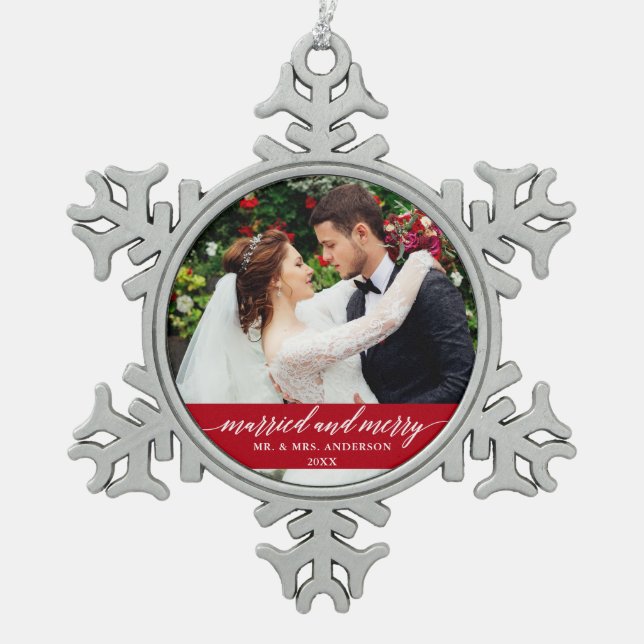 Ornement Flocon De Neige Marié et joyeux Mariage calligraphie rouge (Devant)