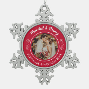 Ornement Flocon De Neige Marié & Joyeux Mariage Photo moderne Rouge