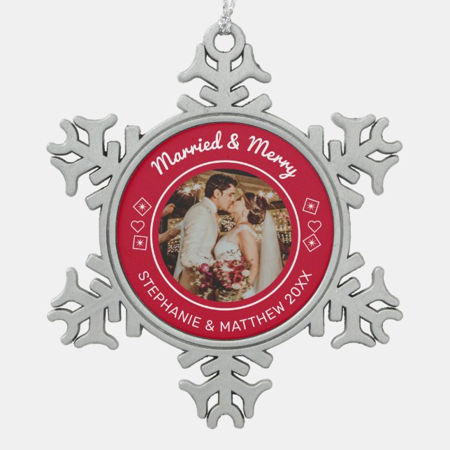 Ornement Flocon De Neige Marié & Joyeux Mariage Photo moderne Rouge (Devant)
