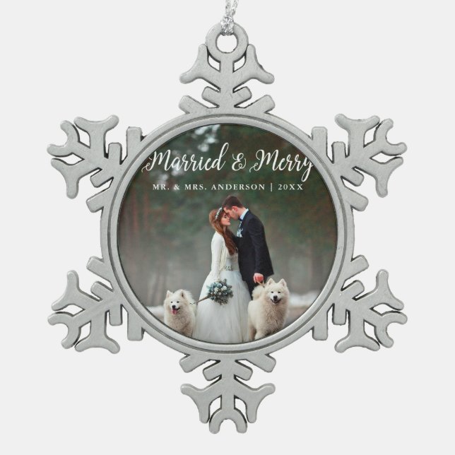 Ornement Flocon De Neige Marié & Joyeux Mariage Photo Noël (Devant)