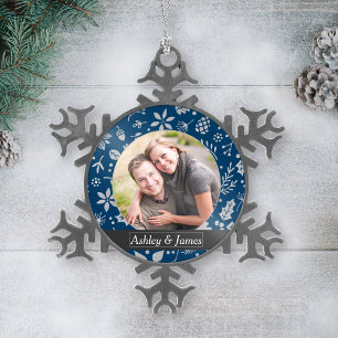 Ornement Flocon De Neige Marine moderne Blue Holiday Folift Couple Photo