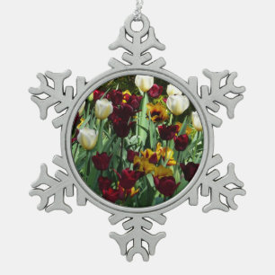 Ornement Flocon De Neige Maroon et Tulipes Jaunes Florales colorées
