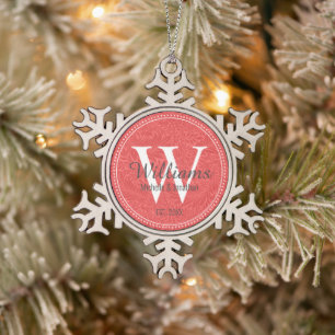 Ornement Flocon De Neige Monogramme personnalisé nouvellement marié Rouge F