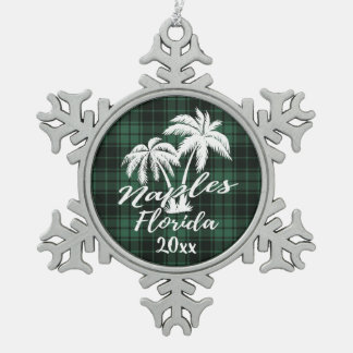 Ornement Flocon De Neige Naples Beach Floride Palm Green Plaid