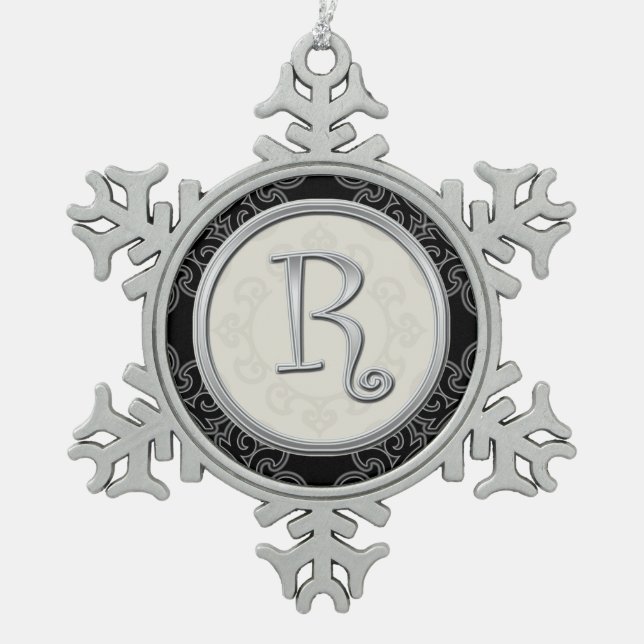 Ornement Flocon De Neige Noël argenté élégant du monogramme R (Devant)