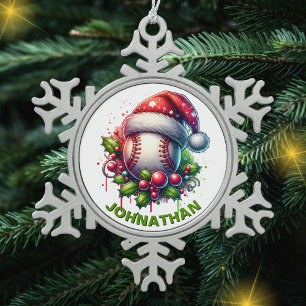 Ornement Flocon De Neige Noël Baseball Nom personnalisé avec Santa Hat