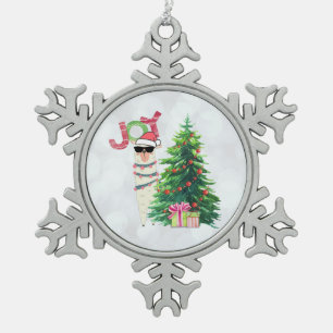 Ornement Flocon De Neige Noël Llama Joy Typography Silver Bokeh