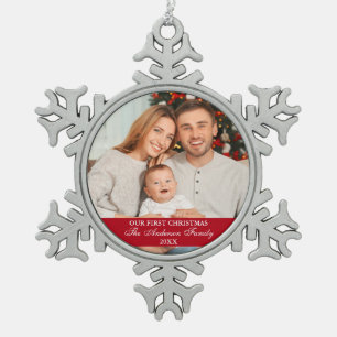Ornement Flocon De Neige Notre première photo de famille de Noël Rouge