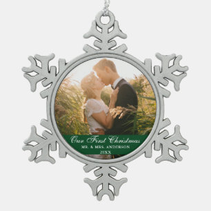 Ornement Flocon De Neige Notre première photo de Mariage de Noël Vert