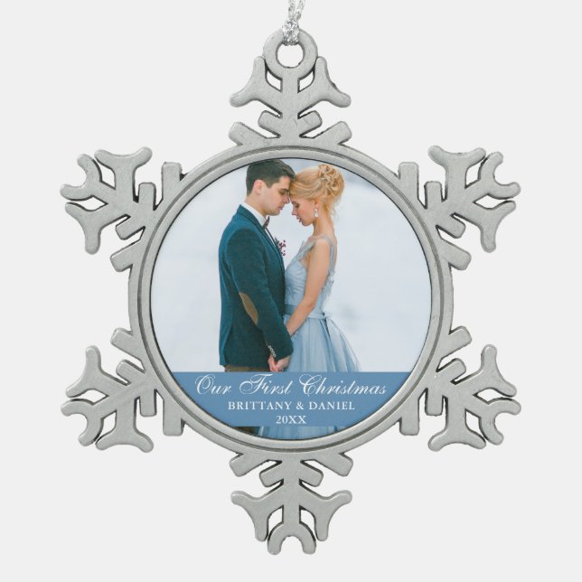 Ornement Flocon De Neige Notre première photo de Noël Blue Couple (Devant)