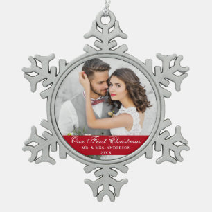 Ornement Flocon De Neige Notre première photo rouge de Noël