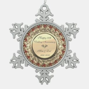 Ornement Flocon De Neige Or Floral Bourgogne 50e Anniversaire de Mariage