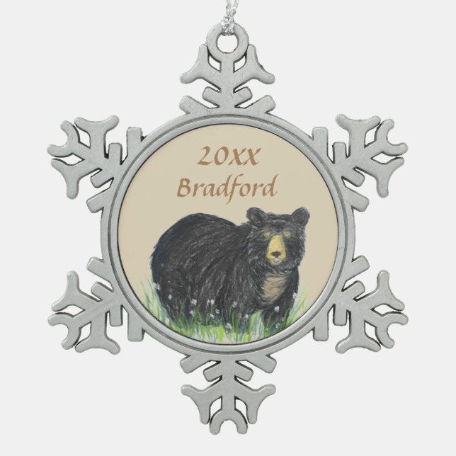 Ornement Flocon De Neige Ours brun noir, Personnaliser le nom date (Devant)