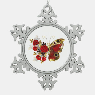 Ornement Flocon De Neige Papillon de fleurs rouges aux roses rouges